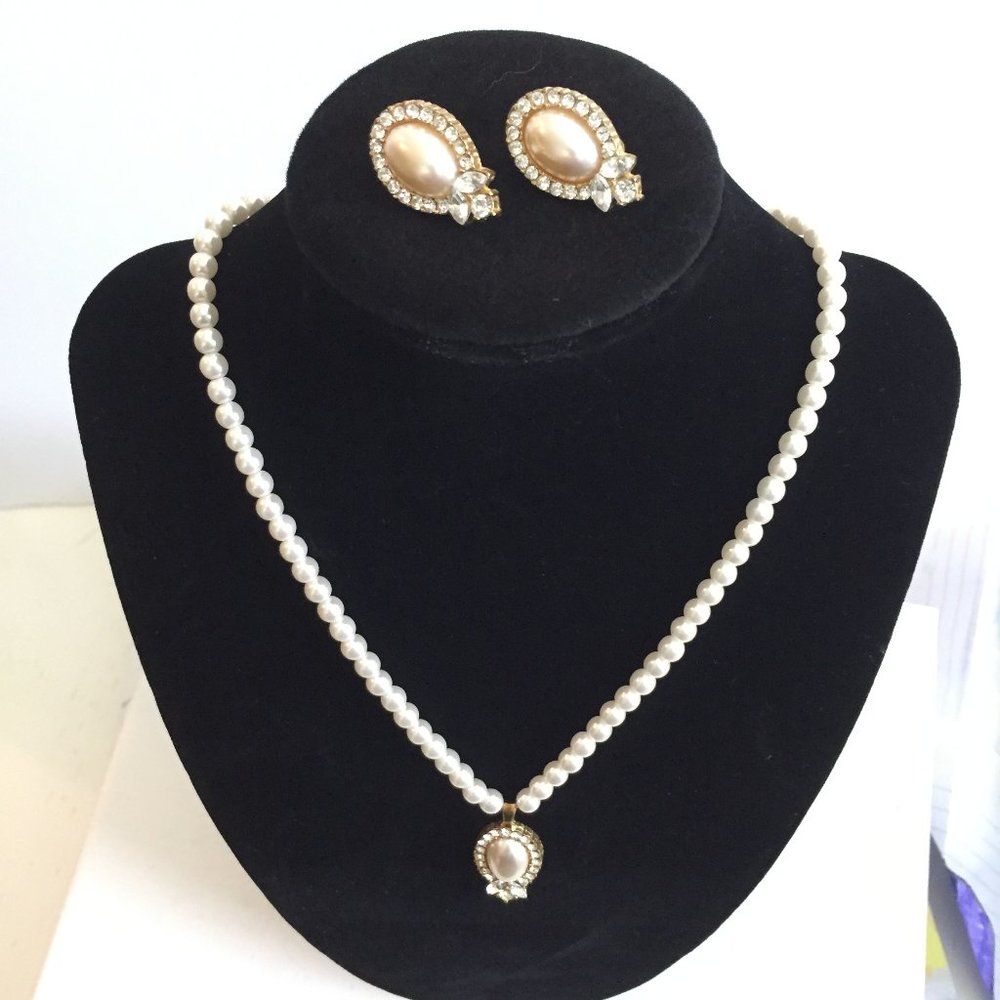 Pearl and Rhinestone Necklace and Earring Set